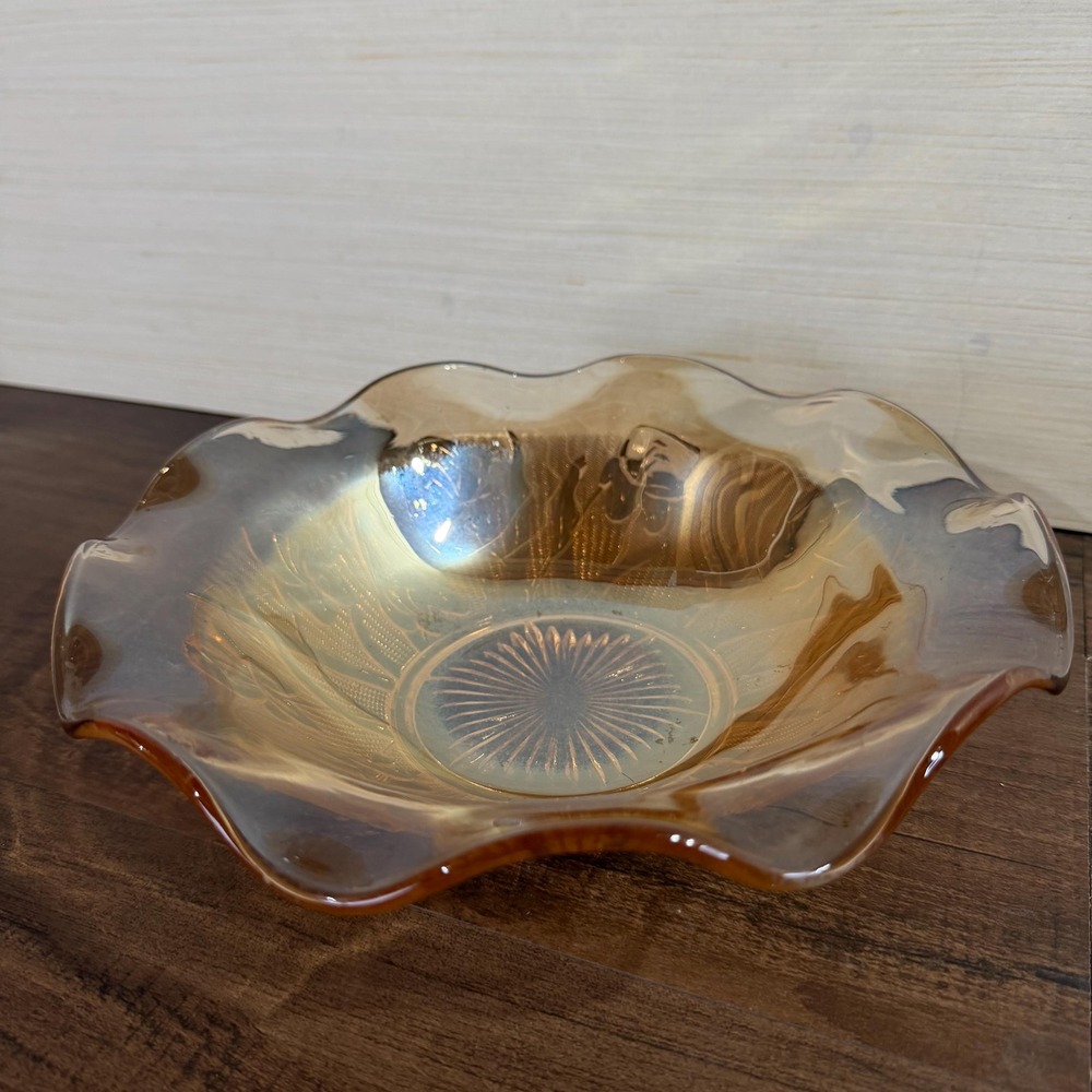 Vintage Jeannette Glass Marigold Carnival Bowl, Iris Herringbone Centerpiece